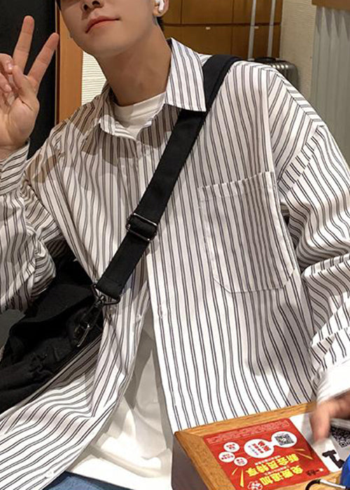 White Striped Pockets Cotton Shirt Peter Pan Collar Spring