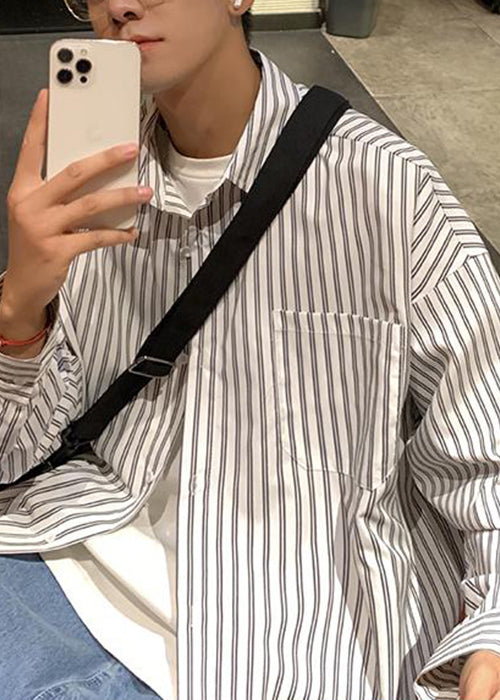 White Striped Pockets Cotton Shirt Peter Pan Collar Spring