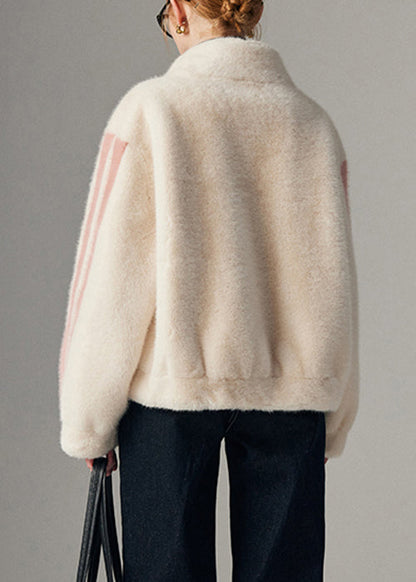 White Striped Pockets Mink Hair Winter Coats Zip Up