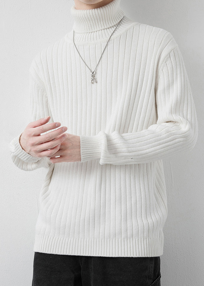 White Striped Knit Winter Sweaters Turtleneck