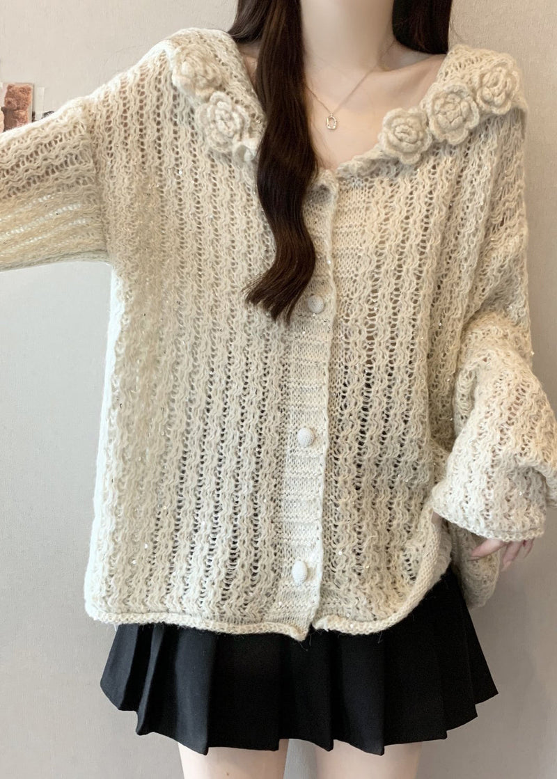 White Three-dimensional Knit Cardigan Oversized Fall