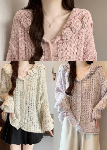 White Three-dimensional Knit Cardigan Oversized Fall