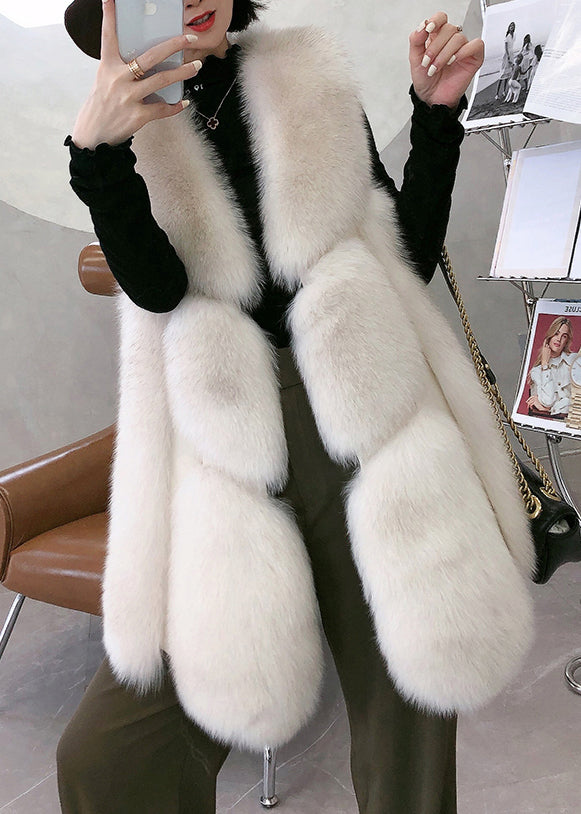 White V Neck Mid Faux Leather Waistcoat Winter