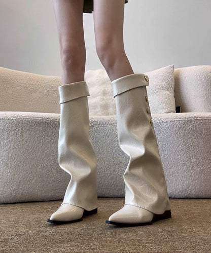 White Wedge Cowhide Leather Splicing Boots Pointed Toe