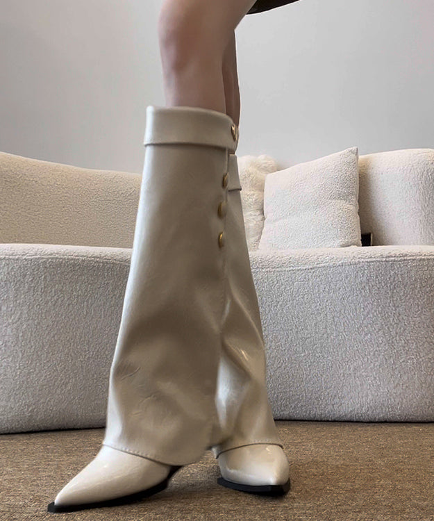 White Wedge Cowhide Leather Splicing Boots Pointed Toe