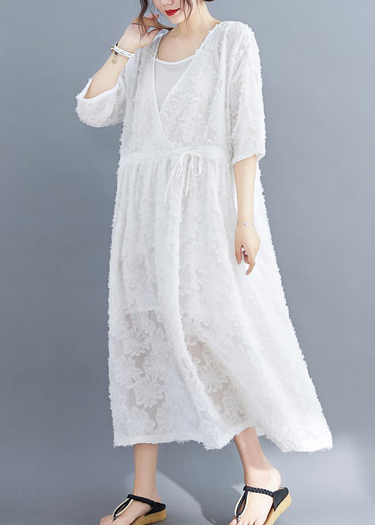 White Extra Large Hem Long Dress Two Pieces Sets Cinched Half Sleeve