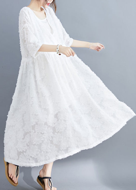 White Extra Large Hem Long Dress Two Pieces Sets Cinched Half Sleeve