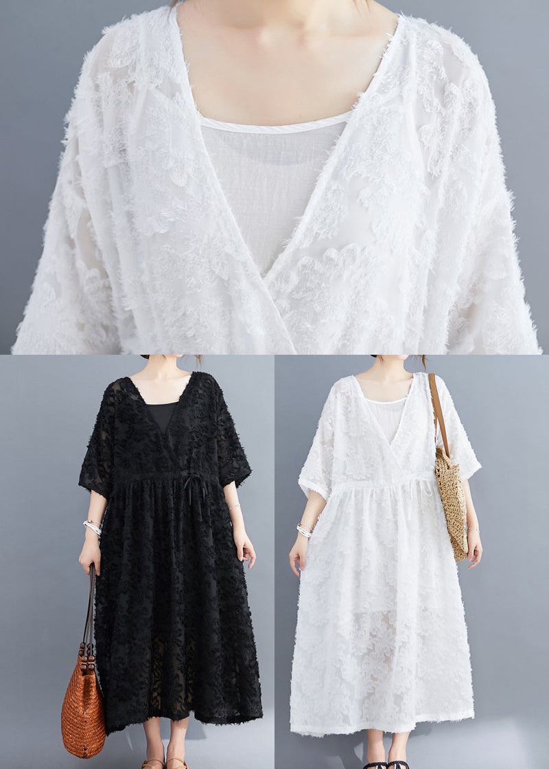 White Extra Large Hem Long Dress Two Pieces Sets Cinched Half Sleeve
