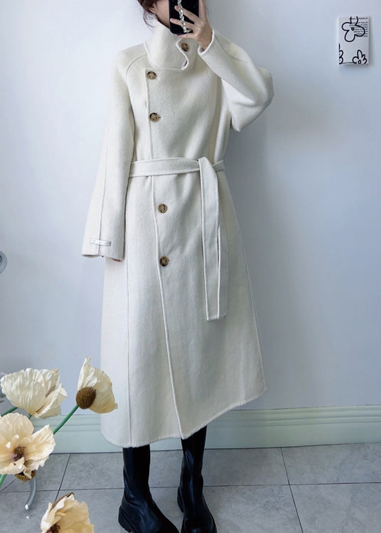 White Woolen Coats Stand Collar Tie Waist Winter