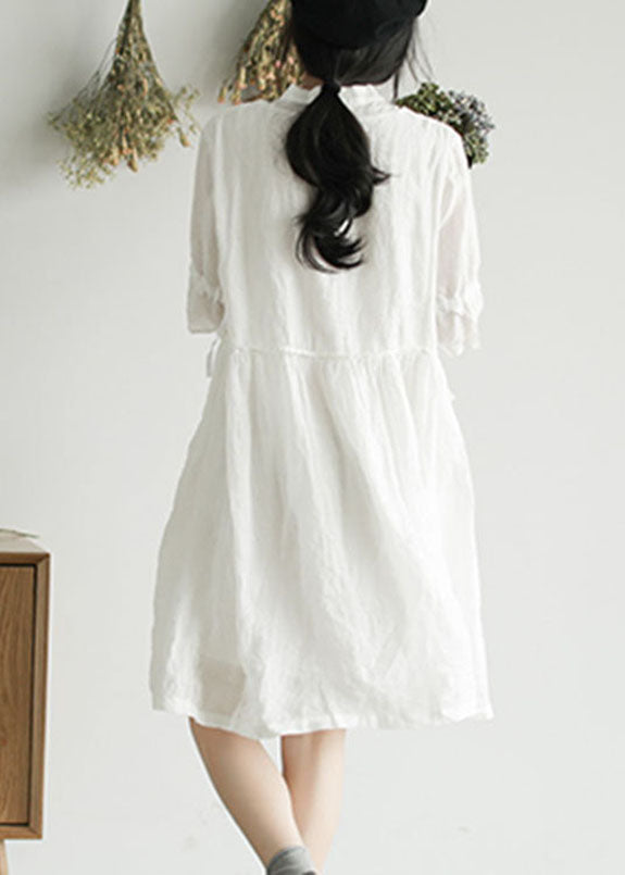 White Wrinkled Button Ramie Mid Dress Half Sleeve