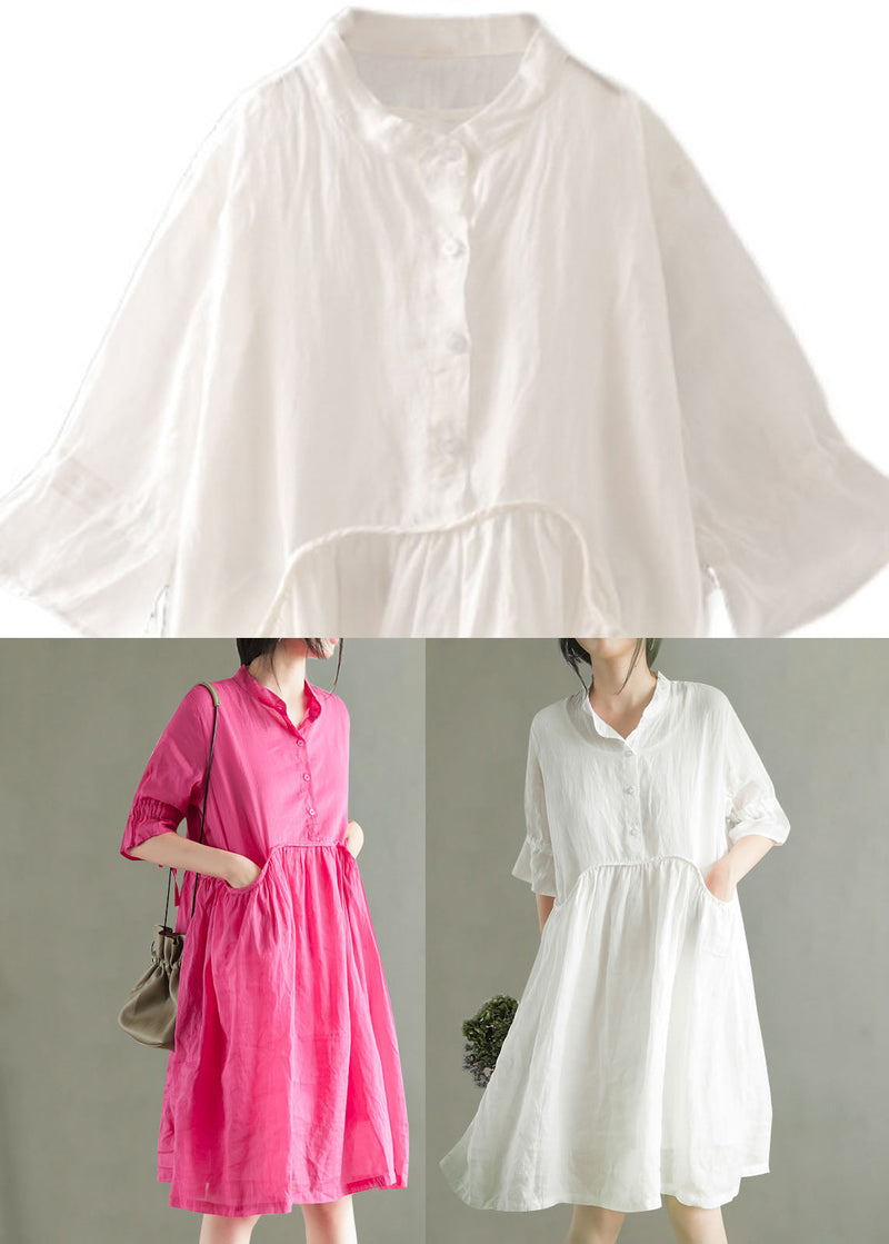 White Wrinkled Button Ramie Mid Dress Half Sleeve