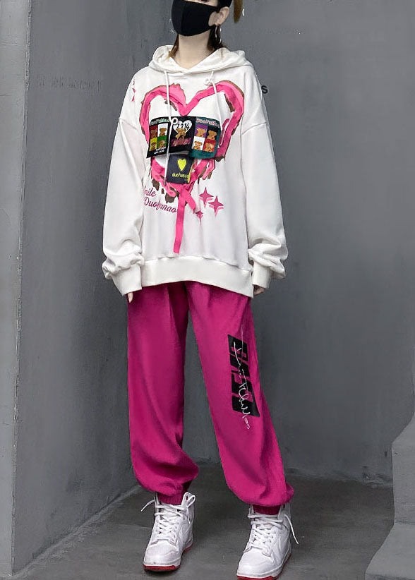 White Wrinkled Cotton Hooded Top and Lantern Pants Two Pieces Set Long Sleeve