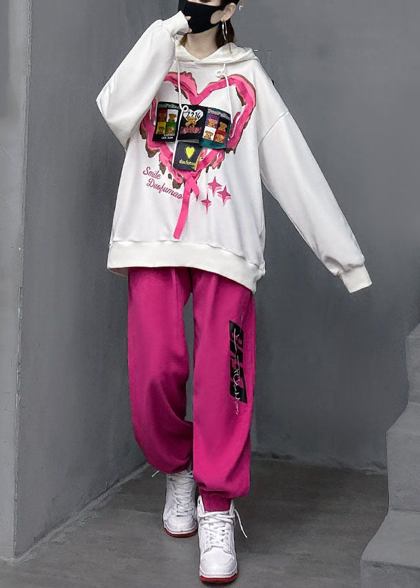 White Wrinkled Cotton Hooded Top and Lantern Pants Two Pieces Set Long Sleeve