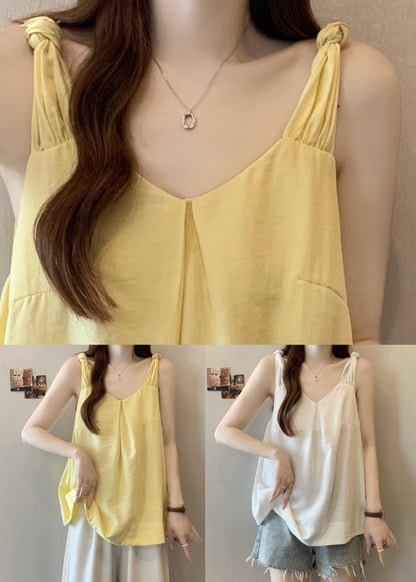 White Wrinkled Cotton Tank V Neck Summer