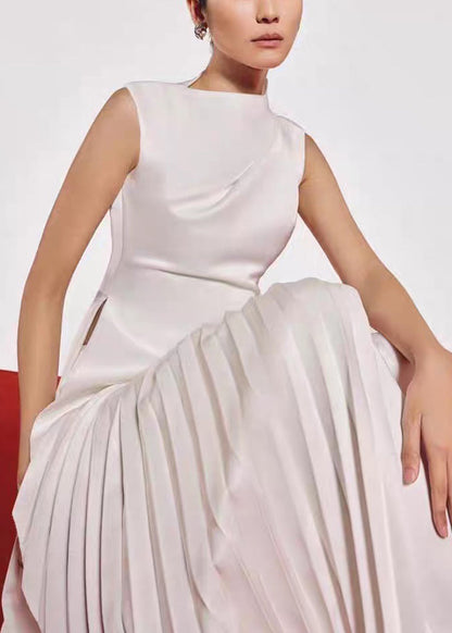 White Wrinkled Silk Long Dresses Asymmetrical Summer