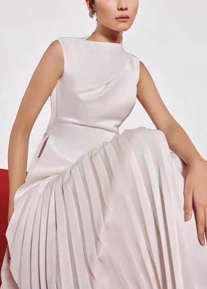 White Wrinkled Silk Long Dresses Asymmetrical Summer