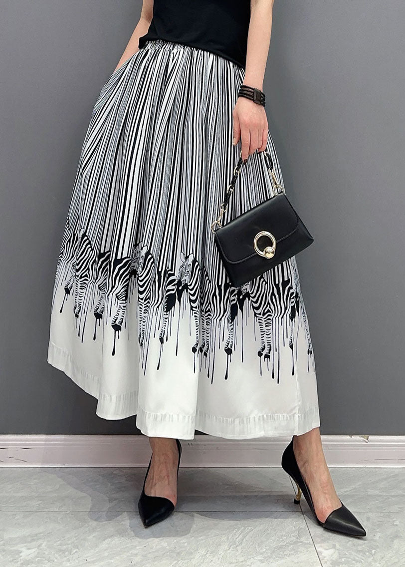 White Zebra Pattern Cotton a Line Skirt Elastic Waist Spring
