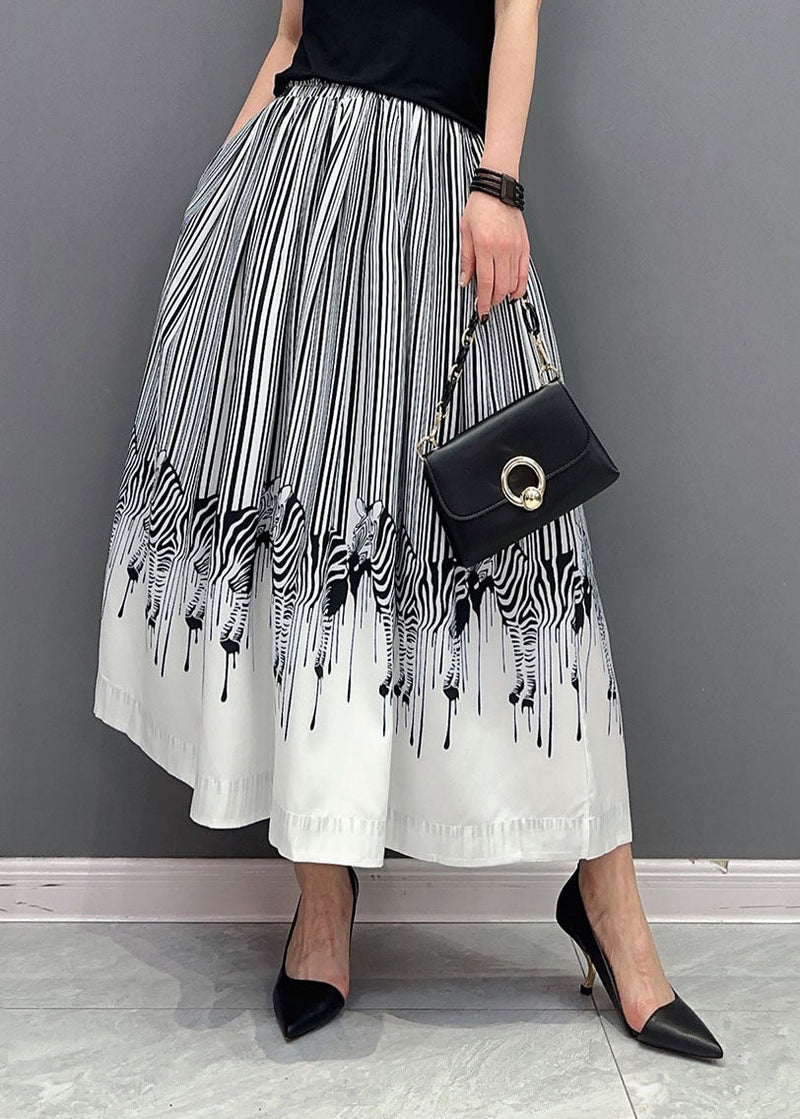 White Zebra Pattern Cotton a Line Skirt Elastic Waist Spring
