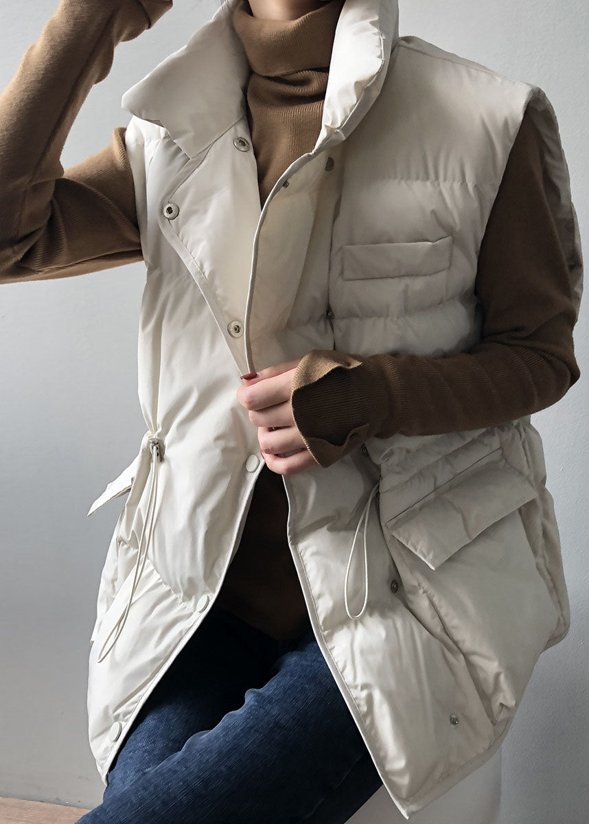 White Button Drawstring Winter Sleeveless Down Vest