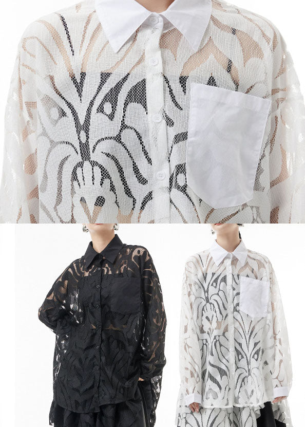 White Lace Shirts Hollow Out Asymmetrical Design Spring