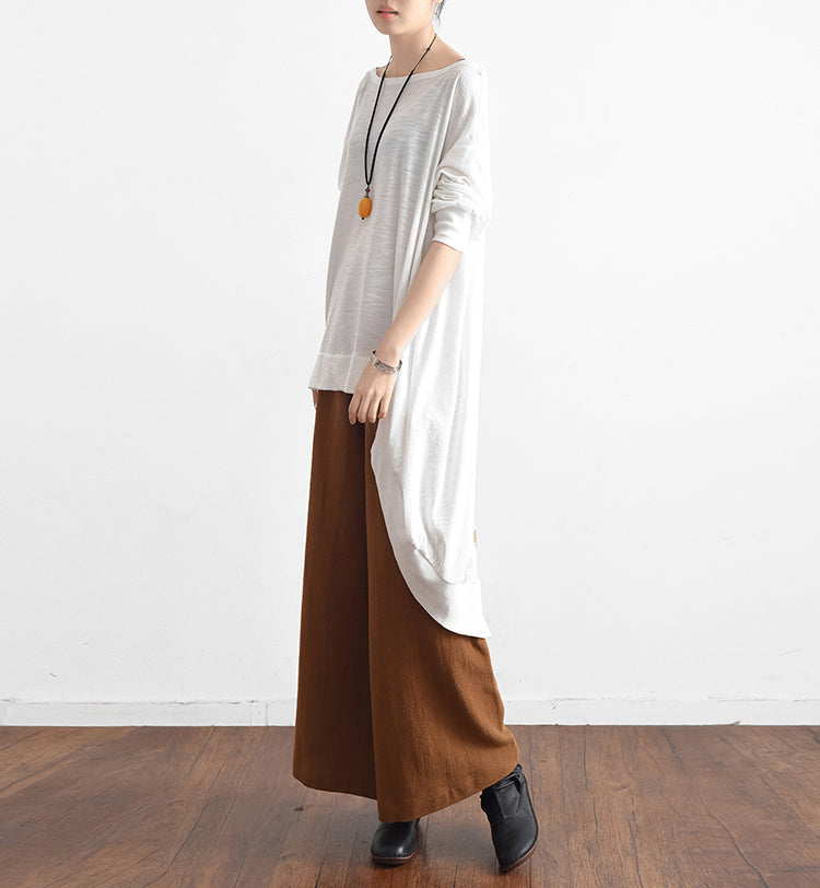 White Low High Cotton Silk Shirts Asymmetrical Blouses Tops Fall