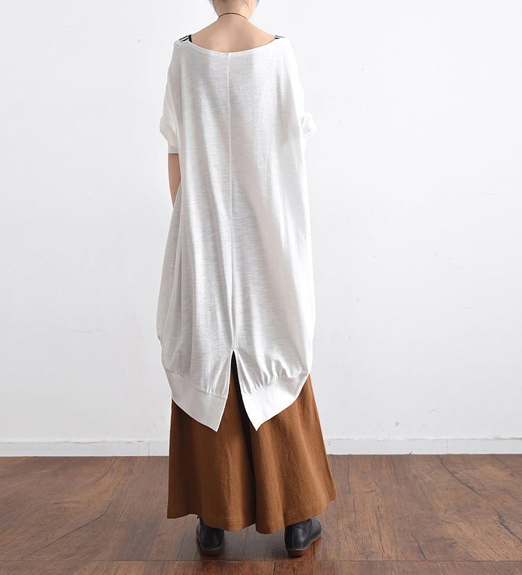 White Low High Cotton Silk Shirts Asymmetrical Blouses Tops Fall