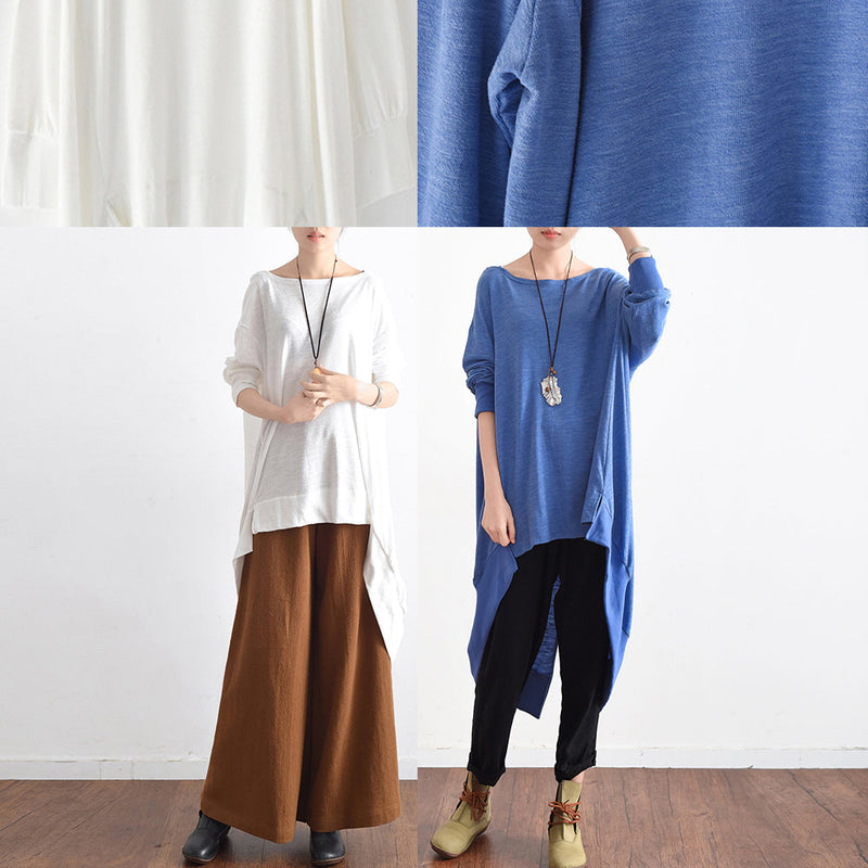 White Low High Cotton Silk Shirts Asymmetrical Blouses Tops Fall