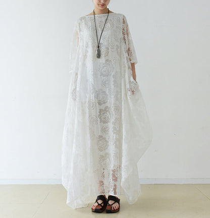 White Roses Chiffon Maxi Dresses Long Tulle Caftans Oversize Gown