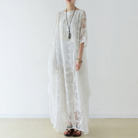 White Roses Chiffon Maxi Dresses Long Tulle Caftans Oversize Gown