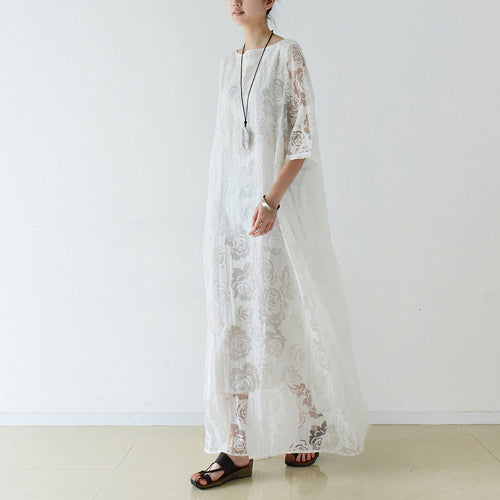 White Roses Chiffon Maxi Dresses Long Tulle Caftans Oversize Gown