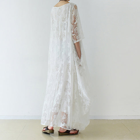 White Roses Chiffon Maxi Dresses Long Tulle Caftans Oversize Gown