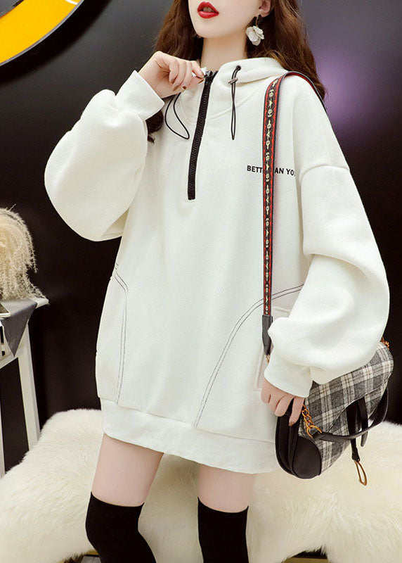 White Zippered Warm Fleece Sweatshirt Street Wear Hooded Winter