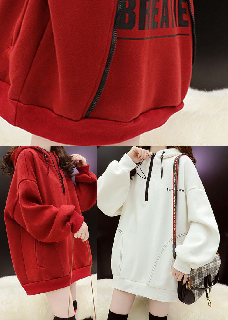 White Zippered Warm Fleece Sweatshirt Street Wear Hooded Winter