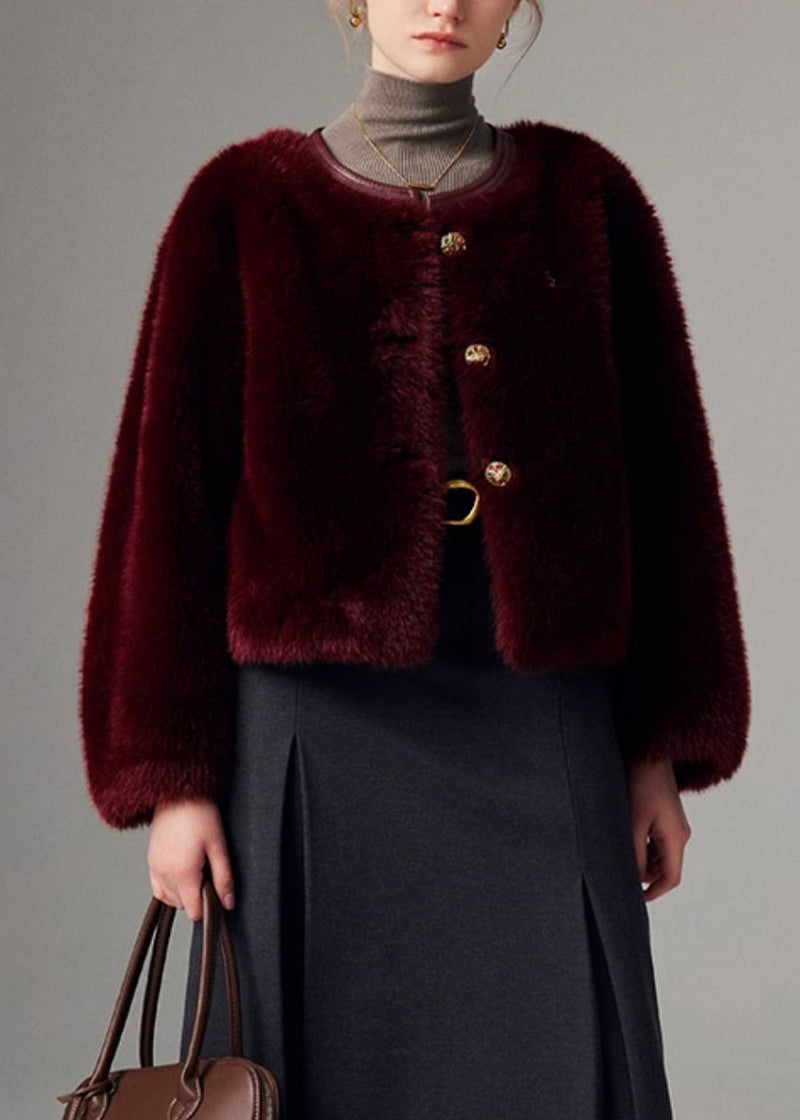 Wine Red Button Leather and Fur Winter Coats O Neck