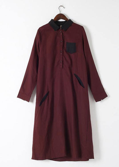 Wine Red Large Linen Long Shirt Dress Robe