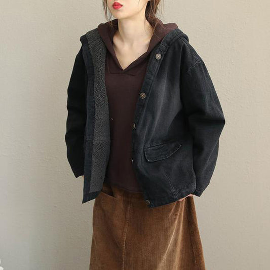 Winter Black Hoodie Short Denim Coat Loose Jacket