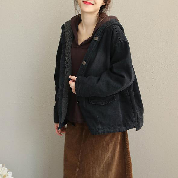 Winter Black Hoodie Short Denim Coat Loose Jacket