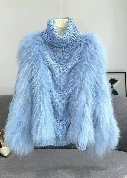 Spring New Blue Raccoon Wool Patchwork Knitted High Collar Sweater