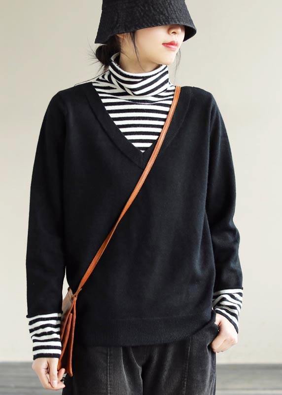 Winter Spring Black Sweaters Loose Fitting Patchwork High Neck Knit Tops