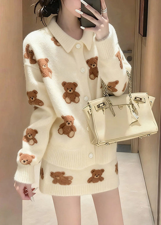 Winter White Cartoon Jacquard Knitted Sweater and Skirt Set
