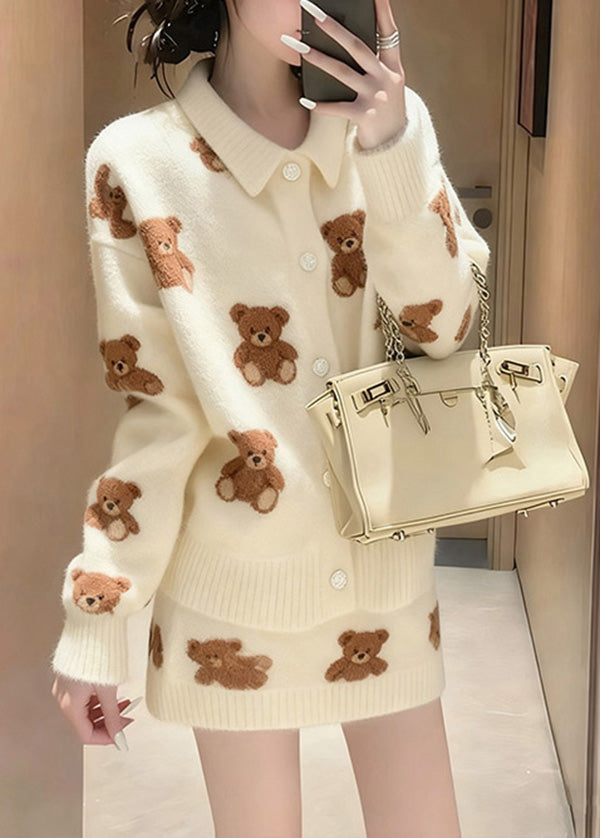 Winter White Cartoon Jacquard Knitted Sweater and Skirt Set