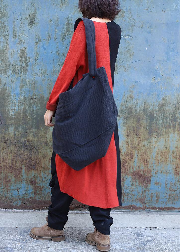Winter Asymmetric Knit Sweat Tops Red Patchwork Black Knitted Outwear
