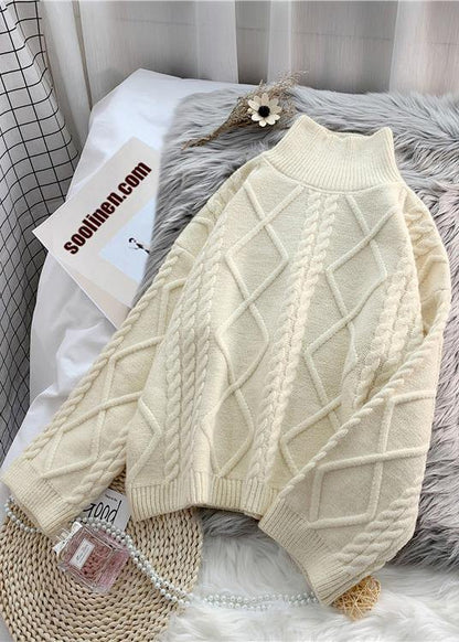 Winter Beige Crane Tops High Neck Thick Oversize Knit Sweat Tops