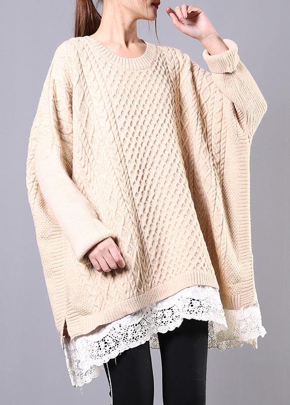 Winter Beige Knit Top Silhouette O Neck Batwing Sleeve Clothing Knitwear