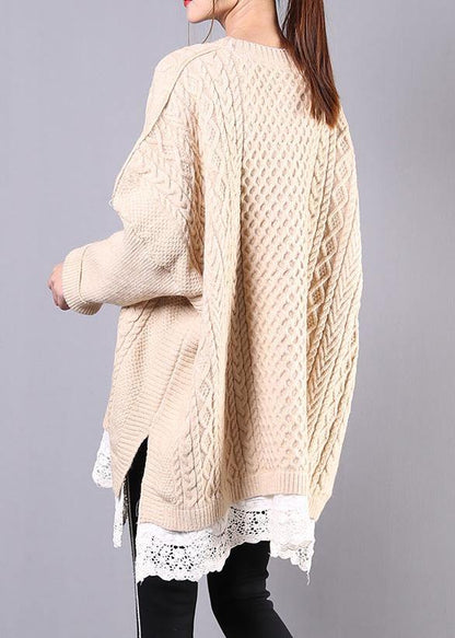 Winter Beige Knit Top Silhouette O Neck Batwing Sleeve Clothing Knitwear