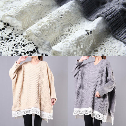 Winter Beige Knit Top Silhouette O Neck Batwing Sleeve Clothing Knitwear