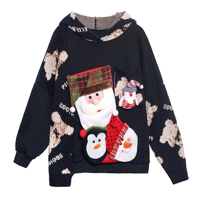 Winter Black Christmas Design Clothes O Neck Knit Sweat Tops