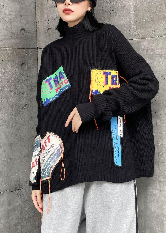 Winter Black Clothes High Neck Patchwork Sweaters