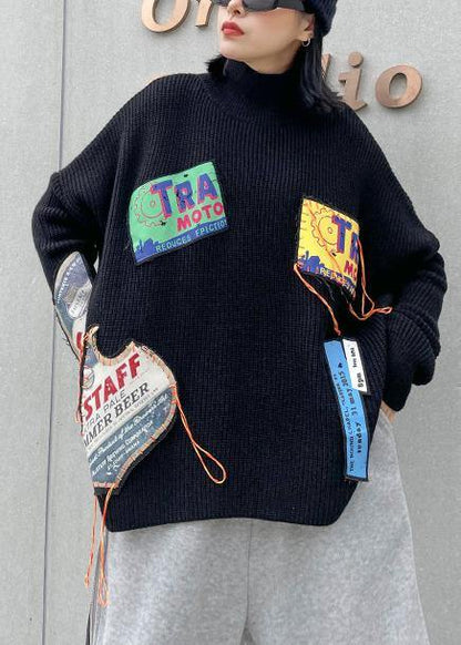 Winter Black Clothes High Neck Patchwork Sweaters