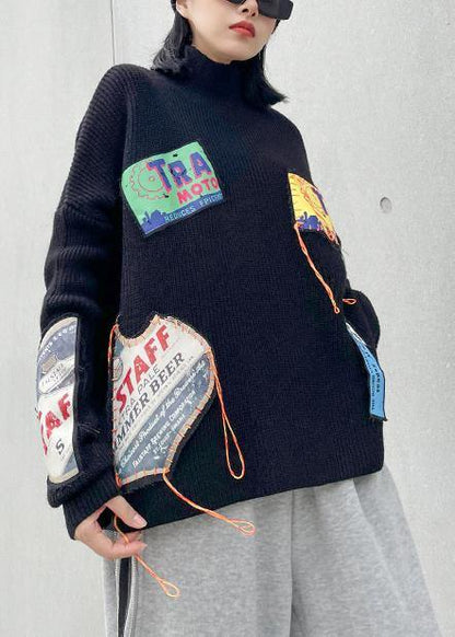 Winter Black Clothes High Neck Patchwork Sweaters